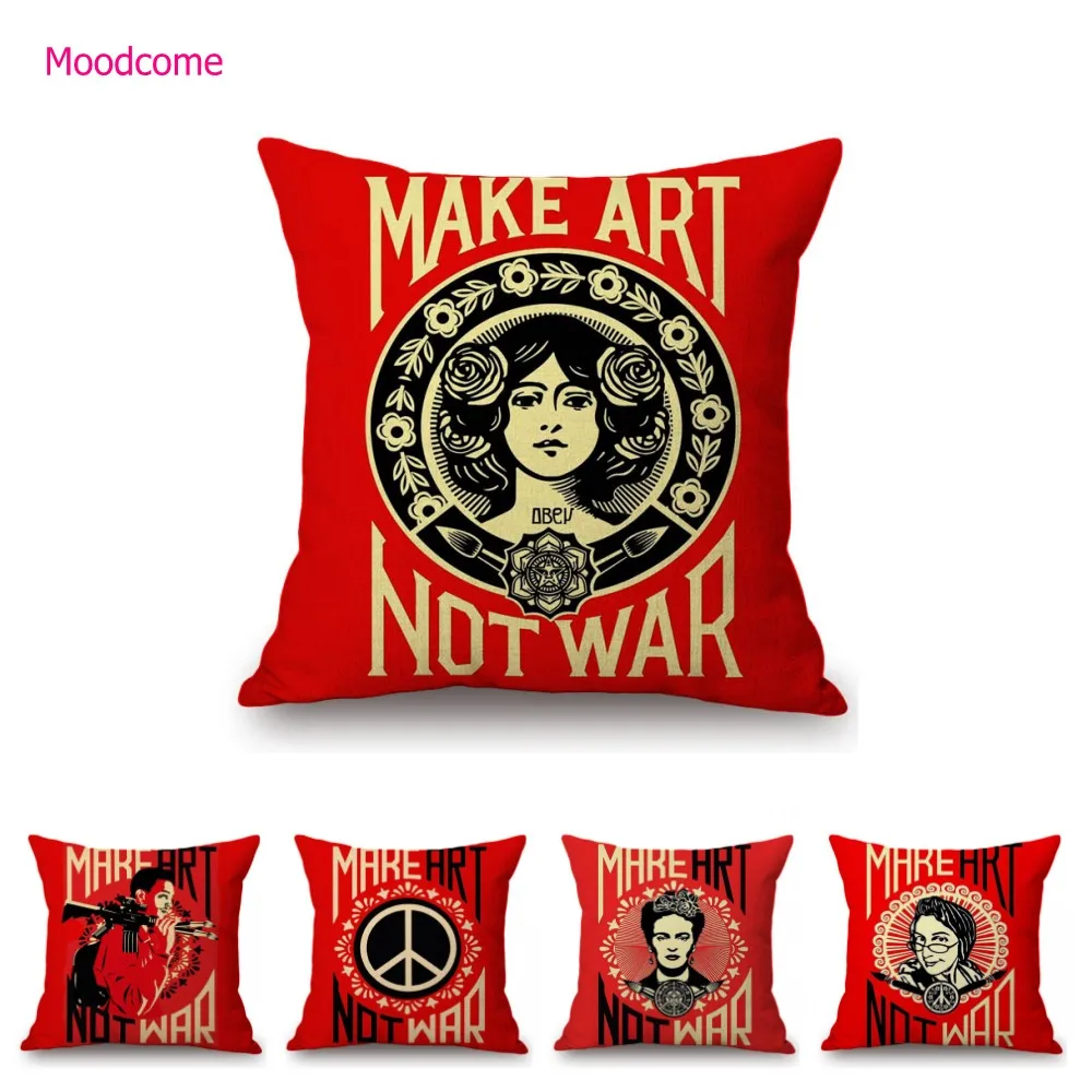 Red Vintage Anti-War Post Make Art Not War Letter Print Cotton Linen Throw Pillow Case Sofa Chair Seat Cushion Cover Home Decor