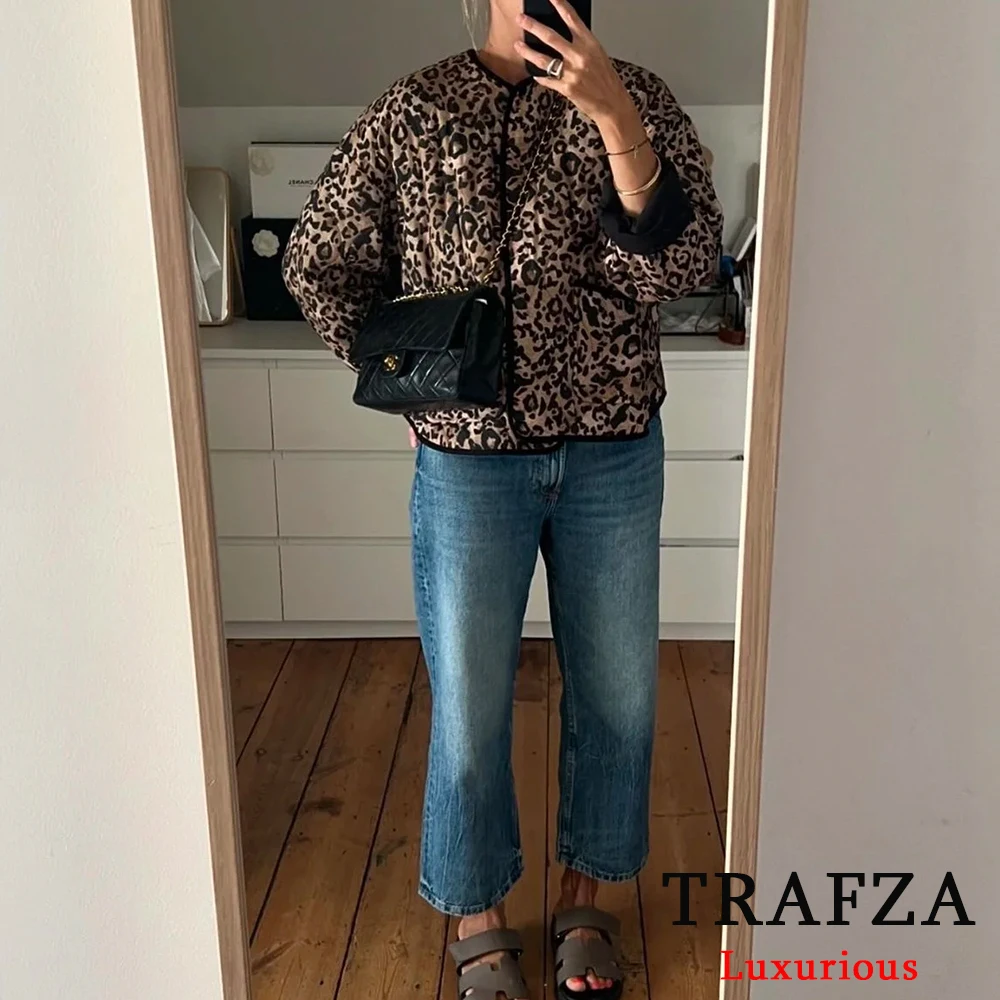 TRAFZA Casual Leopard Print Oversized Jackets Women Long Sleeve O Neck Buttons Coats Fashion 2024 Autumn Winter Female Outwears