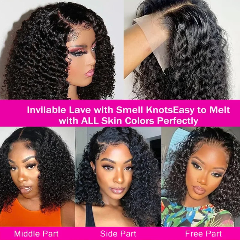 Wig Bob Pendek dengan Kepadatan 200% Rambut Manusia Keriting Wig Renda Depan Gelombang Dalam Rambut Remy Brasil 13X4 Frontal Pra Dipetik Simpul Dikelantang