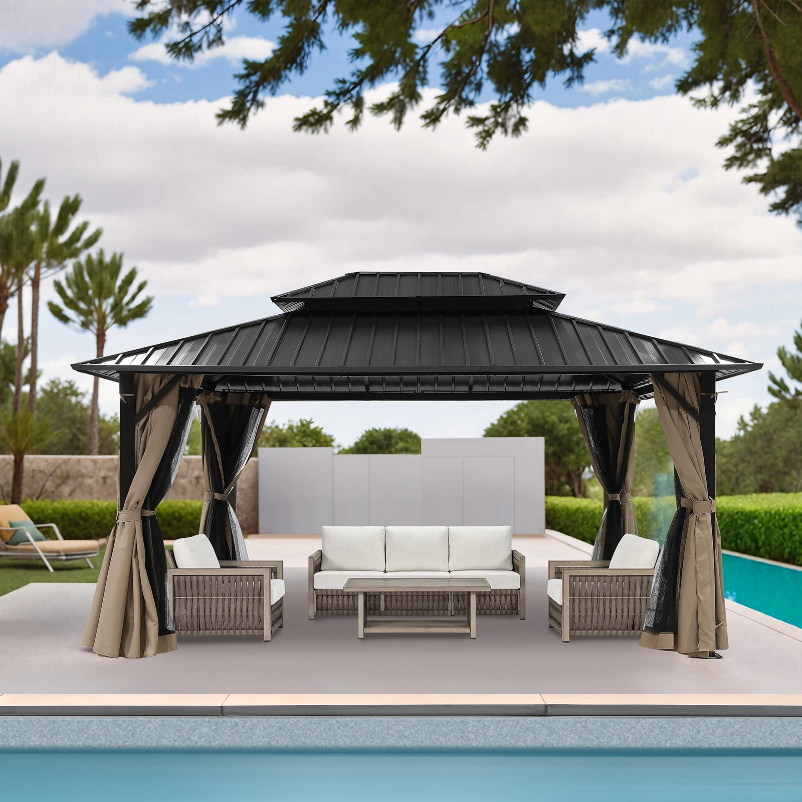 

SeeHill 12' x 16' Patio Hardtop Gazebo, Aluminum Frame Pergola with Double Roofs, Mosquito Net and Curtains for Garden