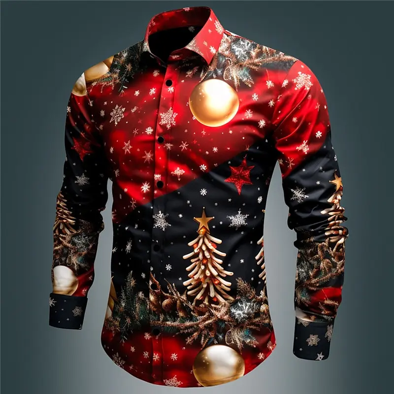 2024 Christmas Pattern Casual Men\'s Shirt Outdoor Streetwear Autumn and Winter Lapel Long Sleeve Fabric Soft Plus Size