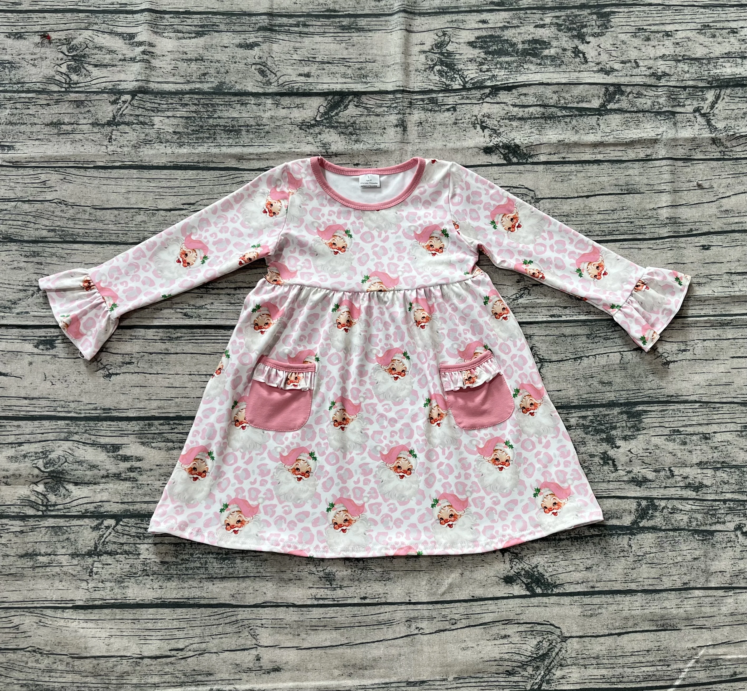 

6.18 GLD1073 Wholesale Baby Girl Clothes Long Sleeve Santa Print Dress Kids Christmas Clothing