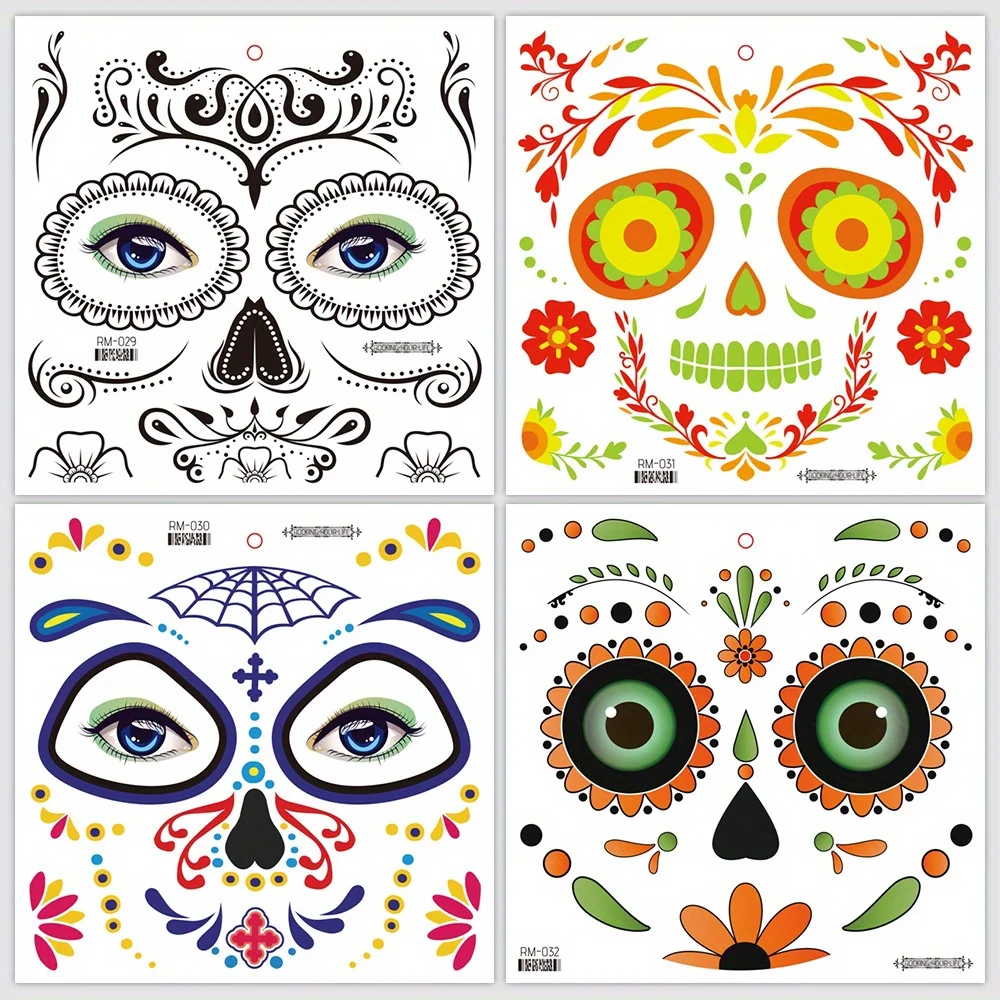 Tatouage Maquillage Halloween Pour Visage: Maquillage Halloween Stickers Femme Adulte Dia de Los Muertos Tatouage Ephemere Femme Enfant Autocollant Visage Squelette Halloween Stickers Visage Halloween