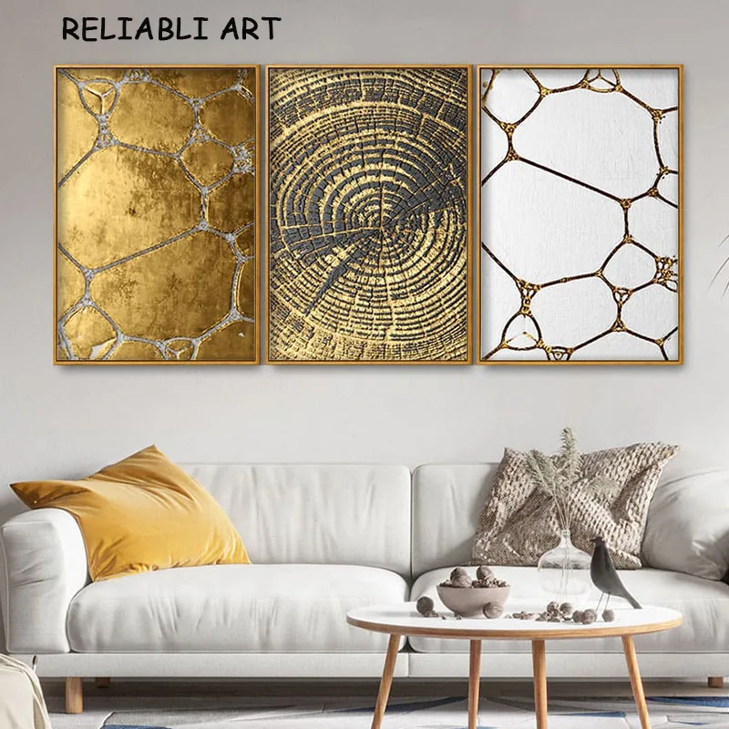 Golden Line Circle Abstract Poster and Prints 3 Panels Canvas Painting Wall Art Pictures for Living Room Home Decor No Frame