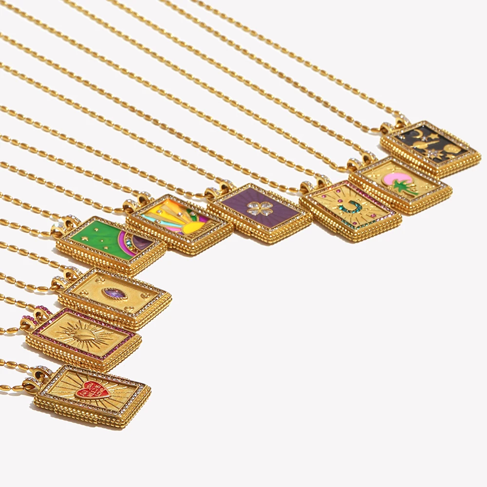 E.B.belle Colorful Enamel Square Zircon Pendant Necklace 18K Gold Plated Stainless Steel Fashion Neck Jewelry view 2