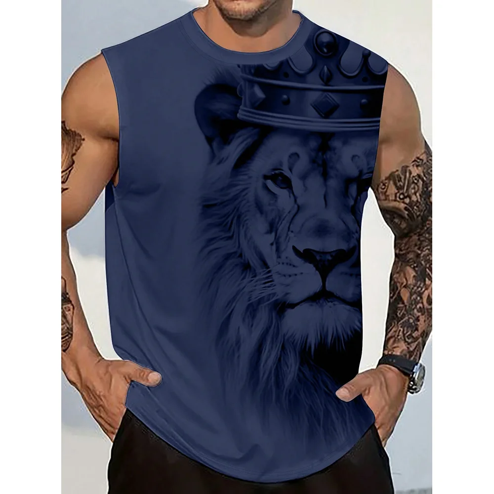 2024 New Summer Style Mighty Lion Print Men's Round Neck Vest Street Fashion Harajuku Daily Sports Fitness Men's Casual Vest