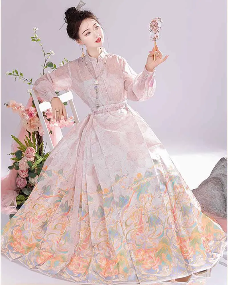 

Hanfu Horse Face Skirt Women Chinese Traditional Vintage Ming Dynasty Hanfu Thin Printed Pleats Skirt Shirt+Skirt Sets Plus Size