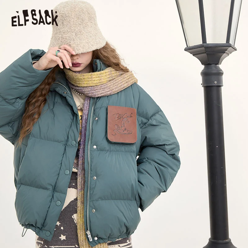 ELFSACK 2024 Winter New Arrivals Retro casual stand collar warm thick down jacket for women