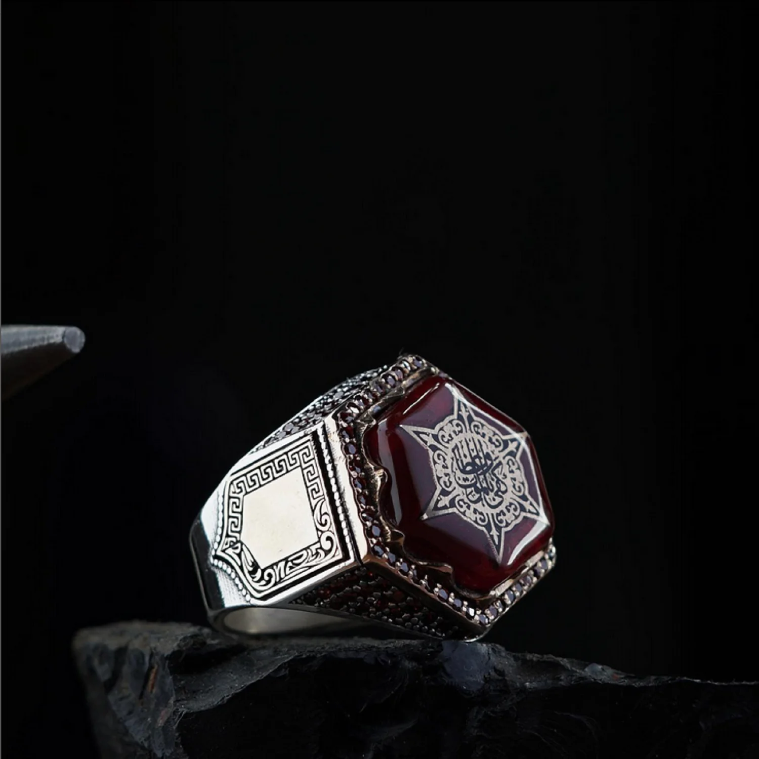 

Ottoman Handmade Hexagon Garnet Stone Men's Sterling Silver Ring Summer Jewelry Gift Men's Gift Ring Turkish Handwork Jewelry