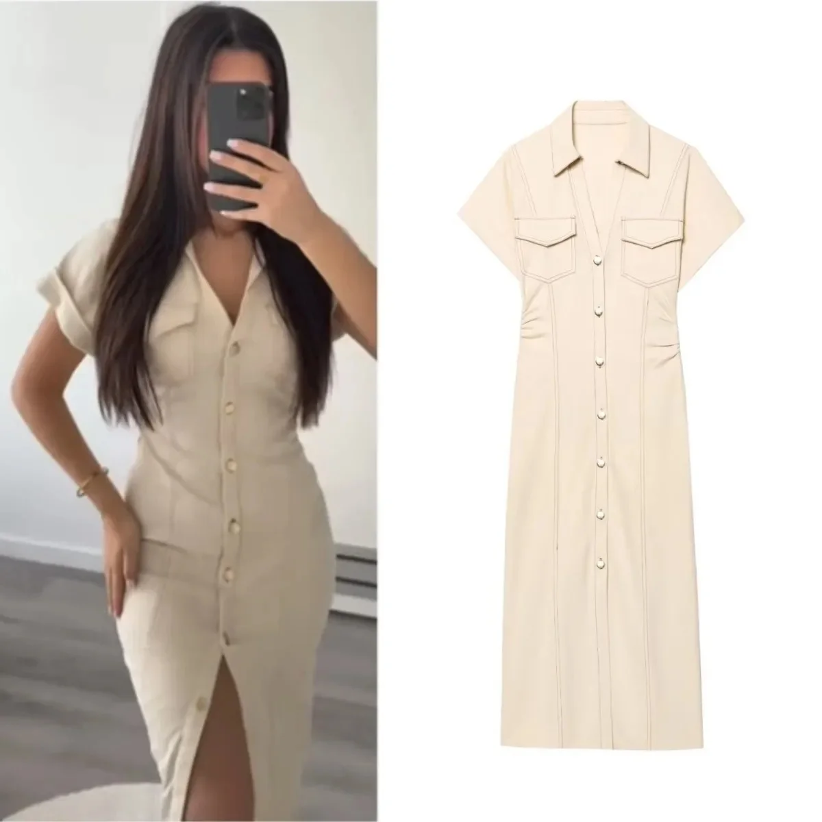 ETJ 2025 zomer nieuwe dames elegante mode taille geplooide V-hals korte mouwen temperament denim MIDI-jurk - afbeelding 2