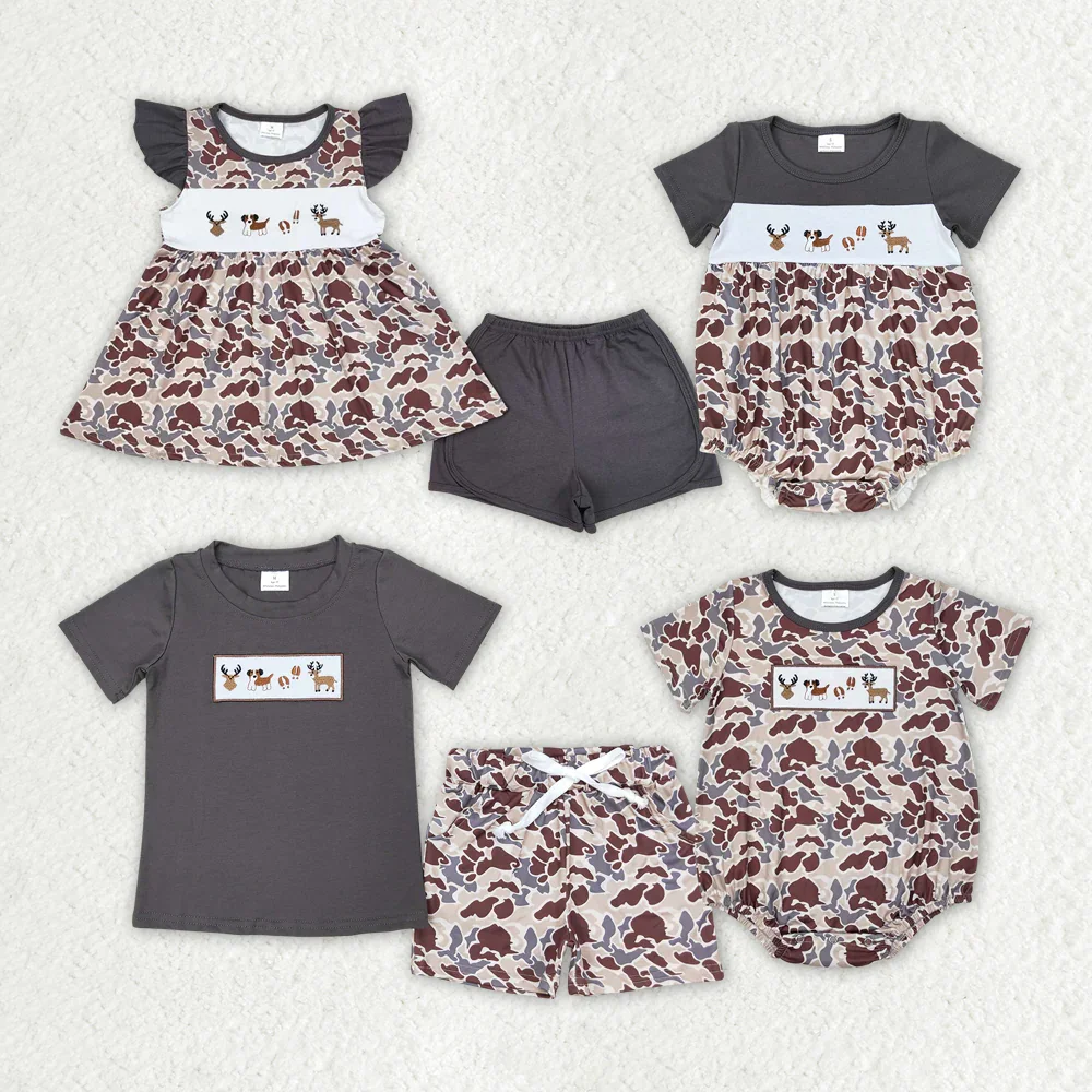 New Fashion Match Baby Girls Camo Dogs Deer Hunting Sibling Boys Rompers Set Wholesale Boutique Fashion Children Clothing