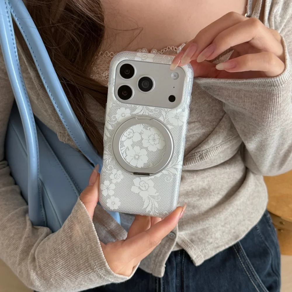Korea Ins Elegant White Lace Floral Phone Case with Magnetic Stand for iPhone 15 16 17 Pro Max 16 15 Pro Fashion Shockproof Case