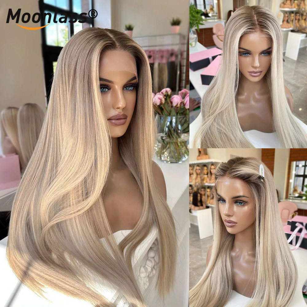 Beżowy blond Balayage kolorowe bezklejowe ludzkie włosy peruka wstępnie oskubane Ombre przezroczyste proste 5x5 koronkowa peruka gotowy do noszenia