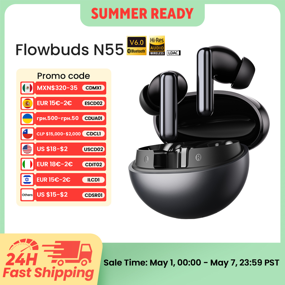  HAYLOU Flowbuds N55 Wireless Earbuds 54dB Adaptive ANC Bluetooth 6.0 LDAC Hi-Res Audio 6-Mic HD Call Earphones 40H Playback IPX5 