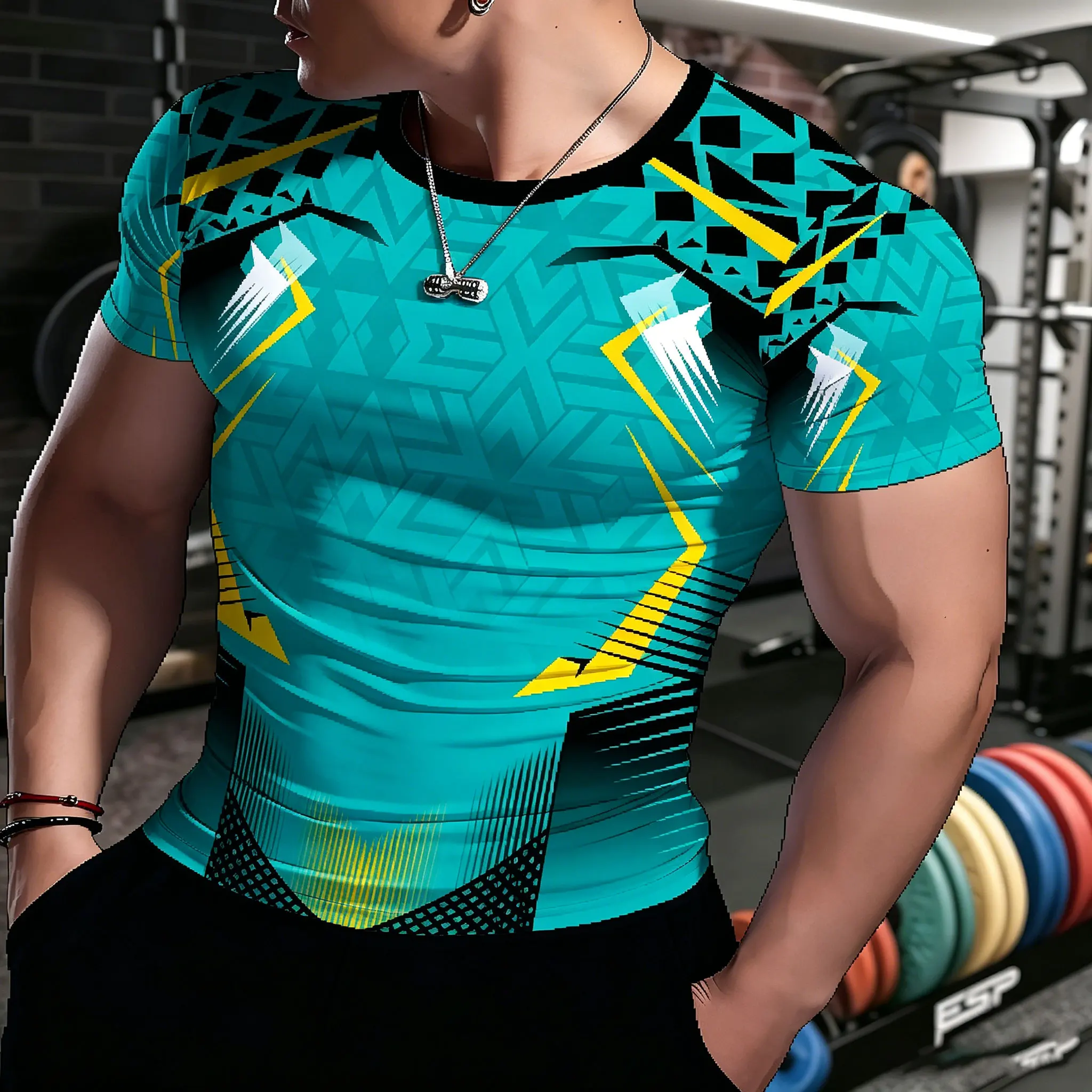 Herren Kompressions-T-Shirt mit geometrischem Tech-Print in Teal-Gelb, atmungsaktiv, schnelltrocknend, hochelastisch, Kurzarm, für Fitness und Sport – Detail 3