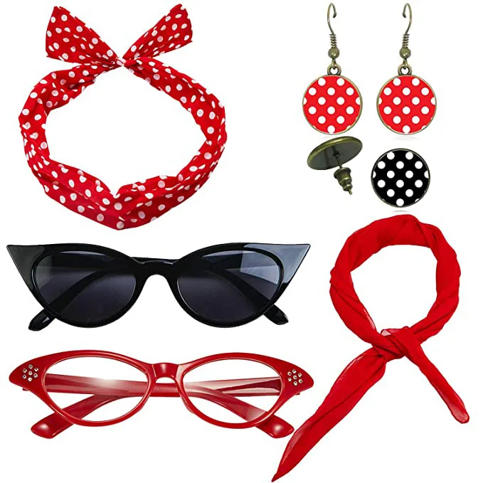 6 Pack 50s Set Chiffon Scarf Cat Eye Glasses Bandana Tie Headband Earrings Cat Eye Glasses Set Women Girl Party Costume Set