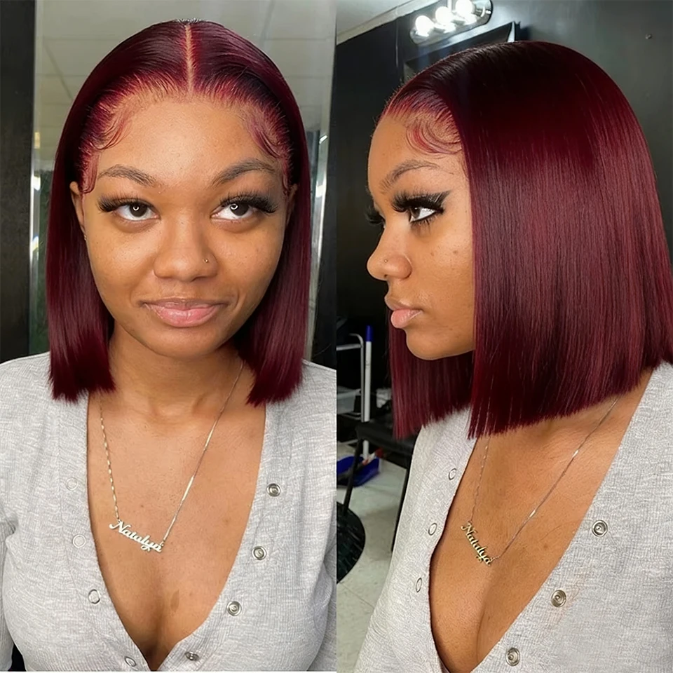 99J Color Bob Wig Human Hair 13x4 HD Lace Frontal Short Straight Lace Front Bob Wigs for Black Women Human Hair Pre Plucked 200% Density Wine Red 99J Burgundy Color 14 Inch - view 6