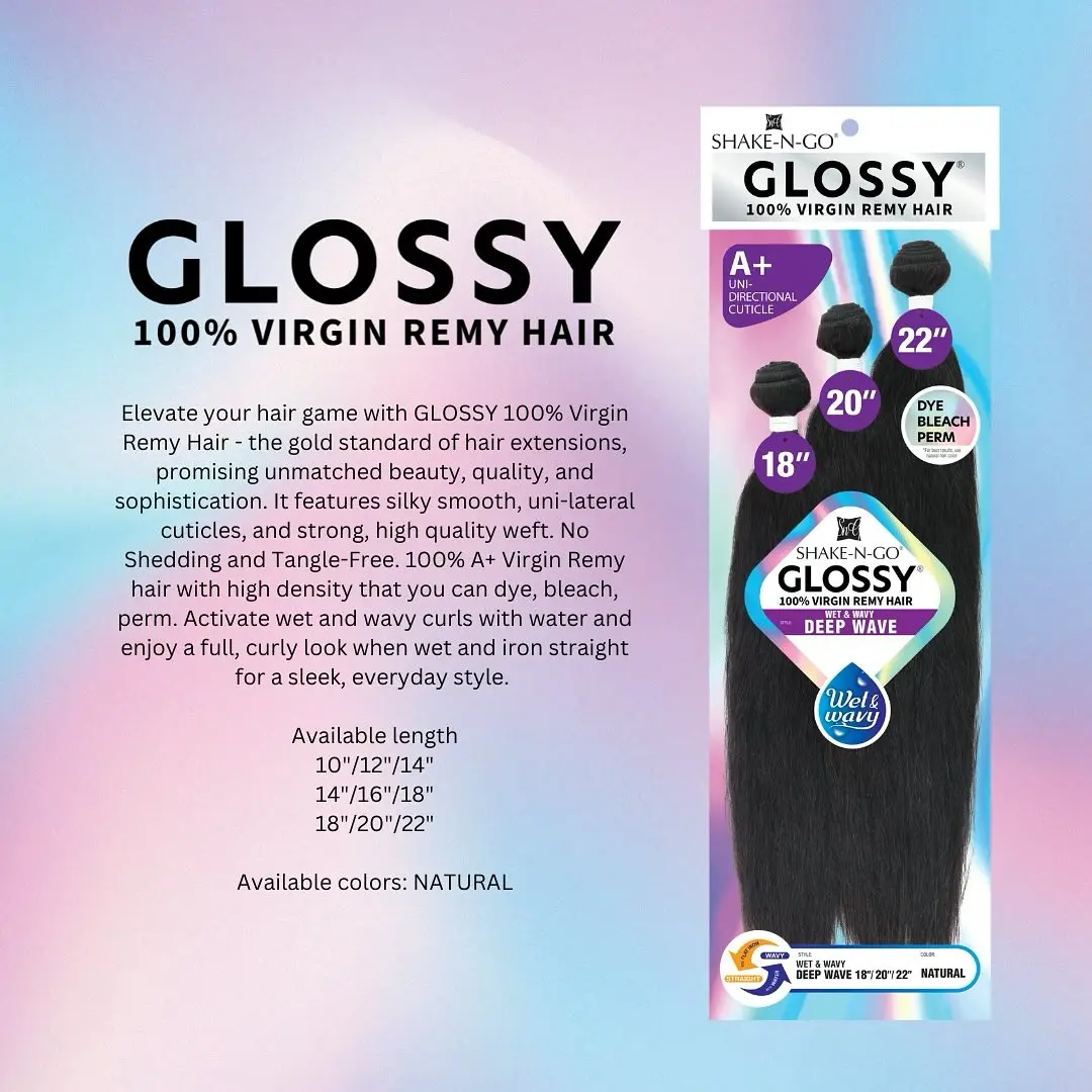 Shake-N-Go Glossy Virgin Remy Hair Weave, reto, brilho natural, volume completo, textura macia, fácil de estilizar, 3 pacotes