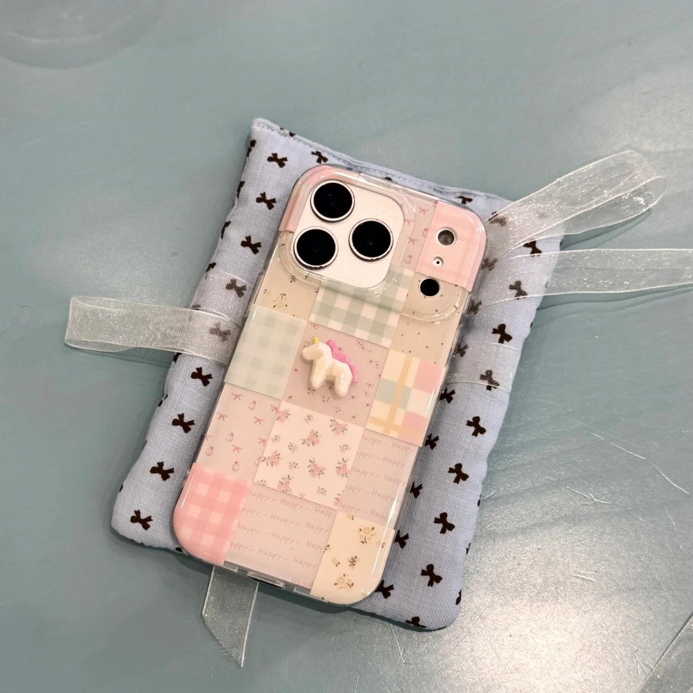 

Cute spliced ​​plaid floral 3D unicorn phone case for 17 16ProMax14 15Pro phone case Korea INS new shockproof protective cover