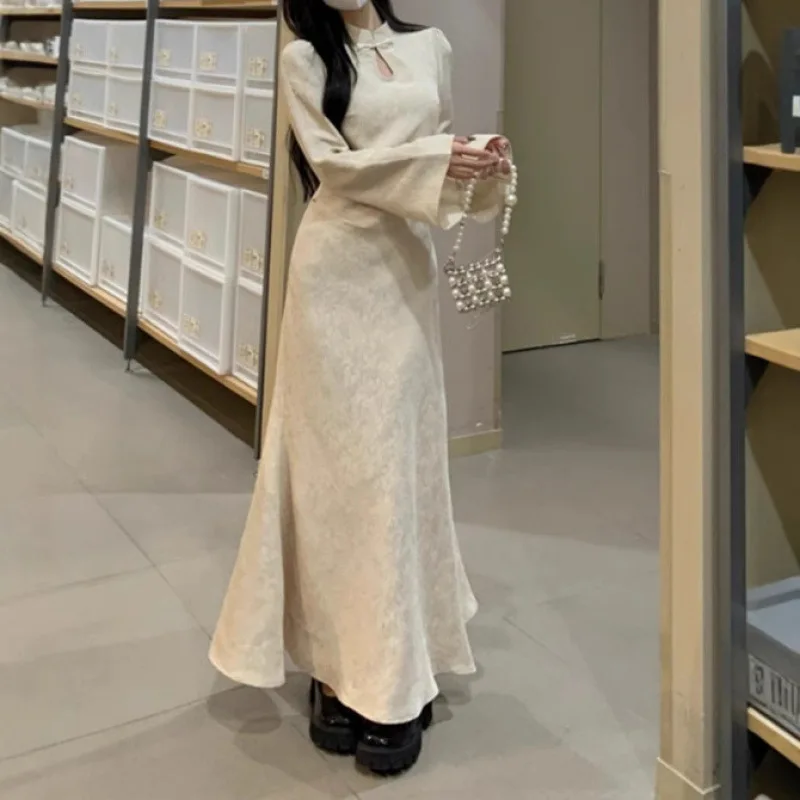Women Cheongsam Long Dress 2026 Spring Autumn New Chinese Hepburn Elegant Waist Slim Formal Cocktail Wedding Guest Gown