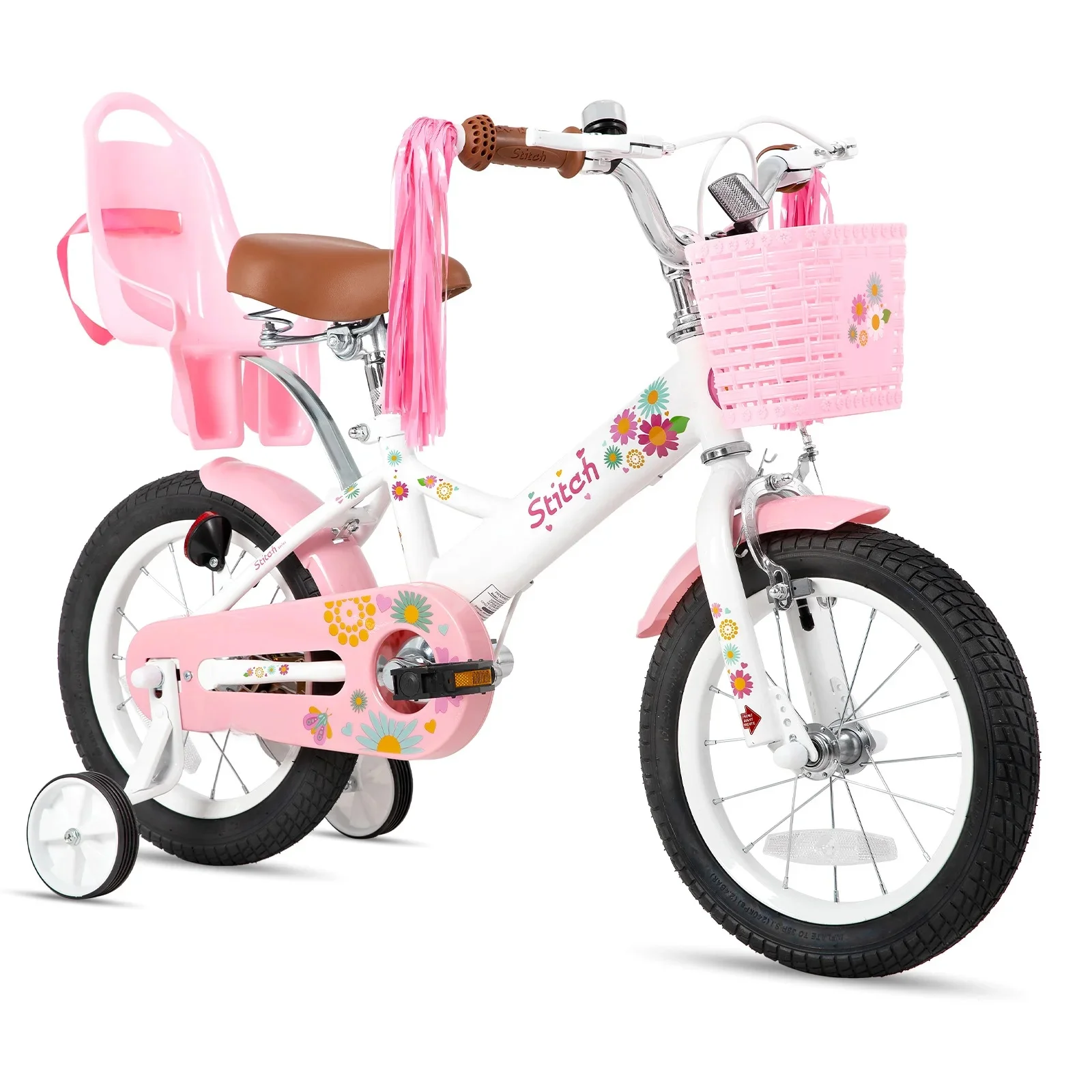 STITCH Vélo pour enfants 12/14/16 pouces pour enfants de 2 à 7 ans, vélo pour filles avec roues d'entraînement, panier et banderoles
