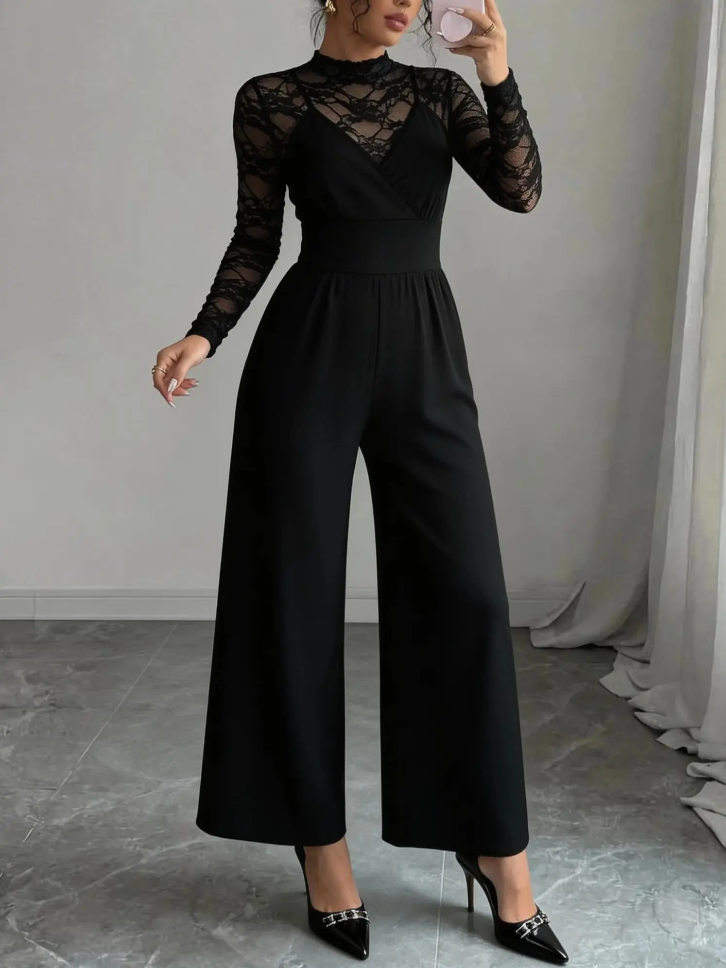 Conjunto de Top de Encaje y Mono con Tirantes para Mujer Talla Grande, Elegante y Sexy, Estilo Europeo y Americano, Dos Piezas para Fiesta