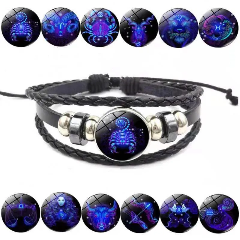 Braccialetto luminoso 12 costellazioni per uomo bracciale multistrato in pelle con segni zodiacali braccialetti Taurus Cancer Scorpio Jewelry Gift