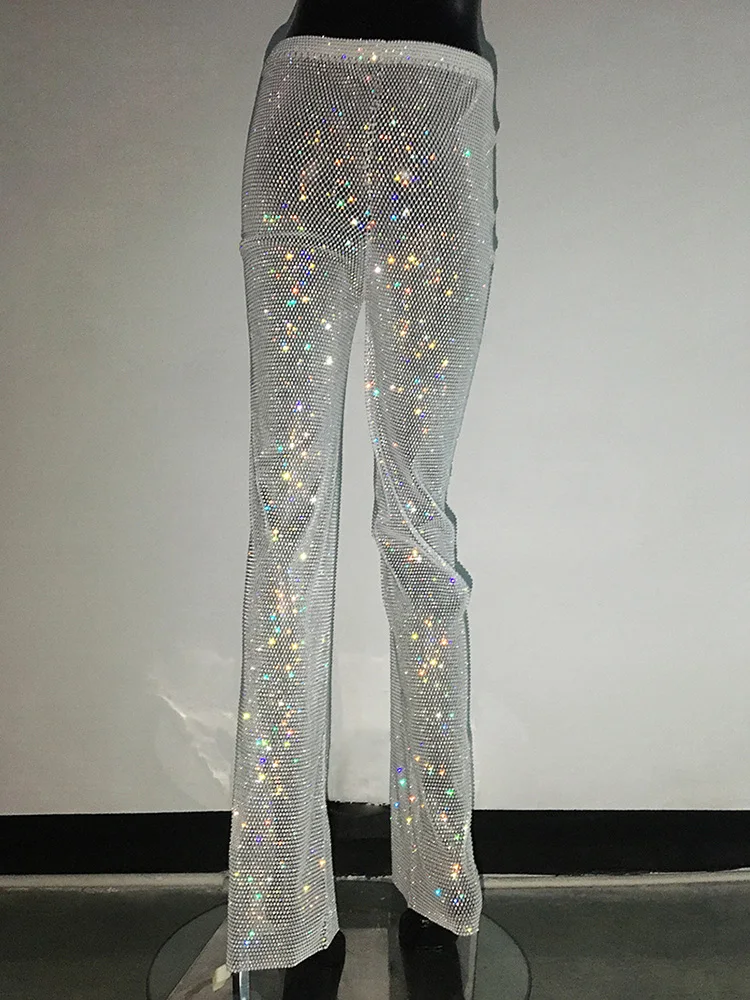 Pantaloni da donna con strass glitterati di lusso da festival y2k Pantaloni lucidi da sera per feste da discoteca con diamanti a rete trasparenti sexy