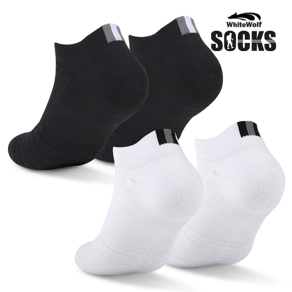 White Wolf sports socks 5 pairs running marathon tennis thick cushion ankle socks