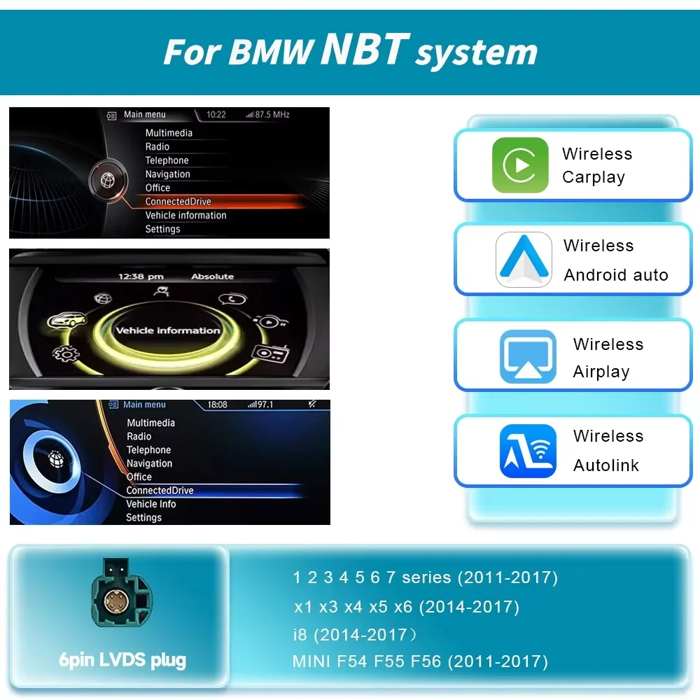 Draadloze CarPlay Android Auto Module voor BMW NBT CIC CCC EVO Systeem 1 2 3 4 5 6 7 Serie X1 X3 X4 X5 F20 F21 F30 F31 F34 F10 F48 F25 F26 F15 F10 E84 E60 E90 Mini BT GPS Mirror Link Auto OEM