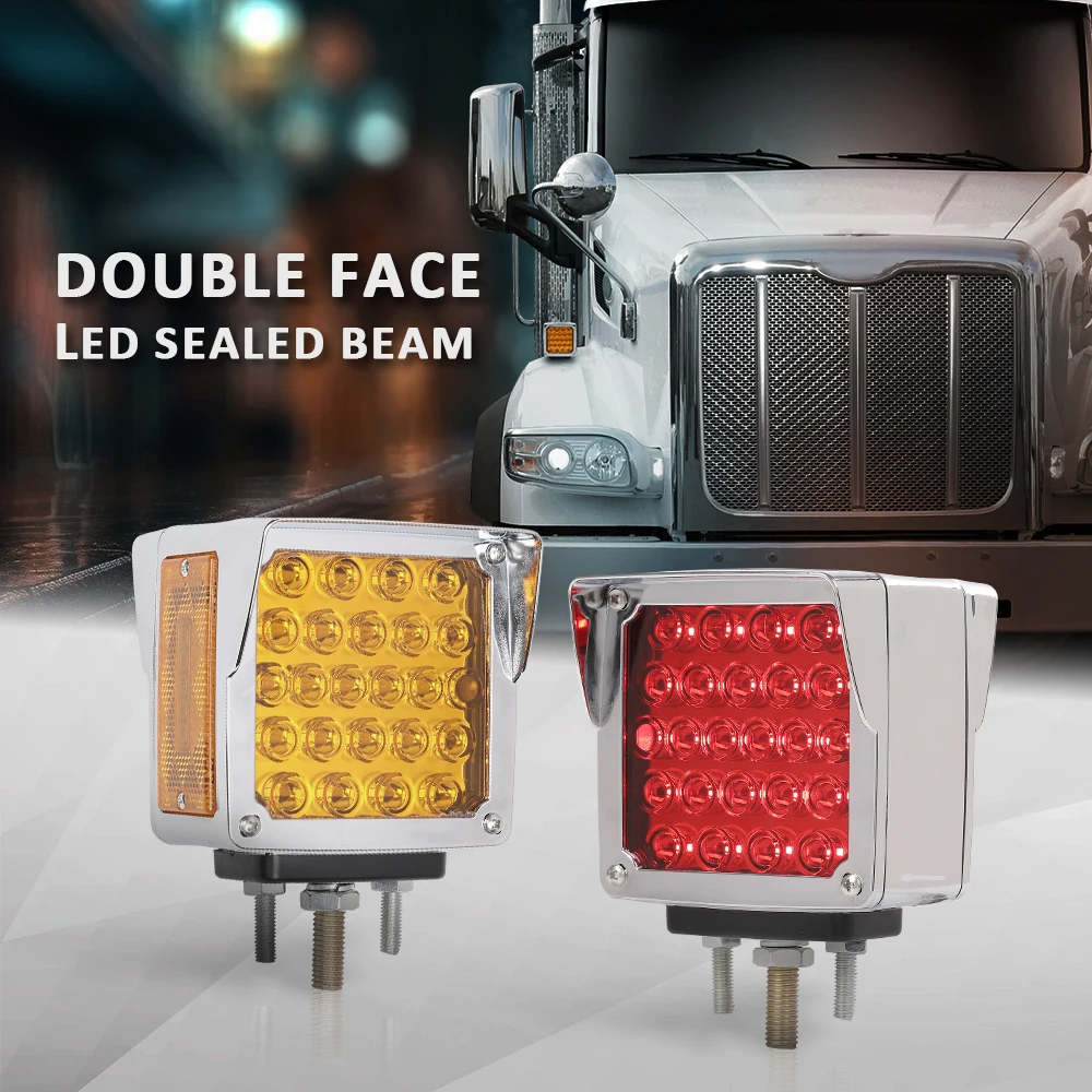 

2Pcs Amber/Red Double-Sided Pedestal Fender Light with Stud Mount Square 52 Led Brake Turn Tail Signal Trailer Light Waterproof