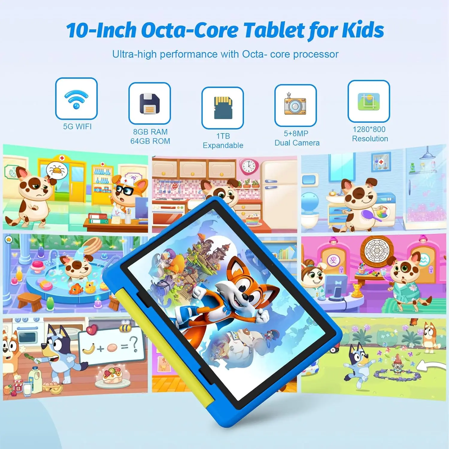 Kids' Android 14 Tablet 10.1 Inch Octa-Core 8GB RAM 64GB ROM 1TB Expandable WiFi Bluetooth Parental Control Pre-Installed KIDOZ