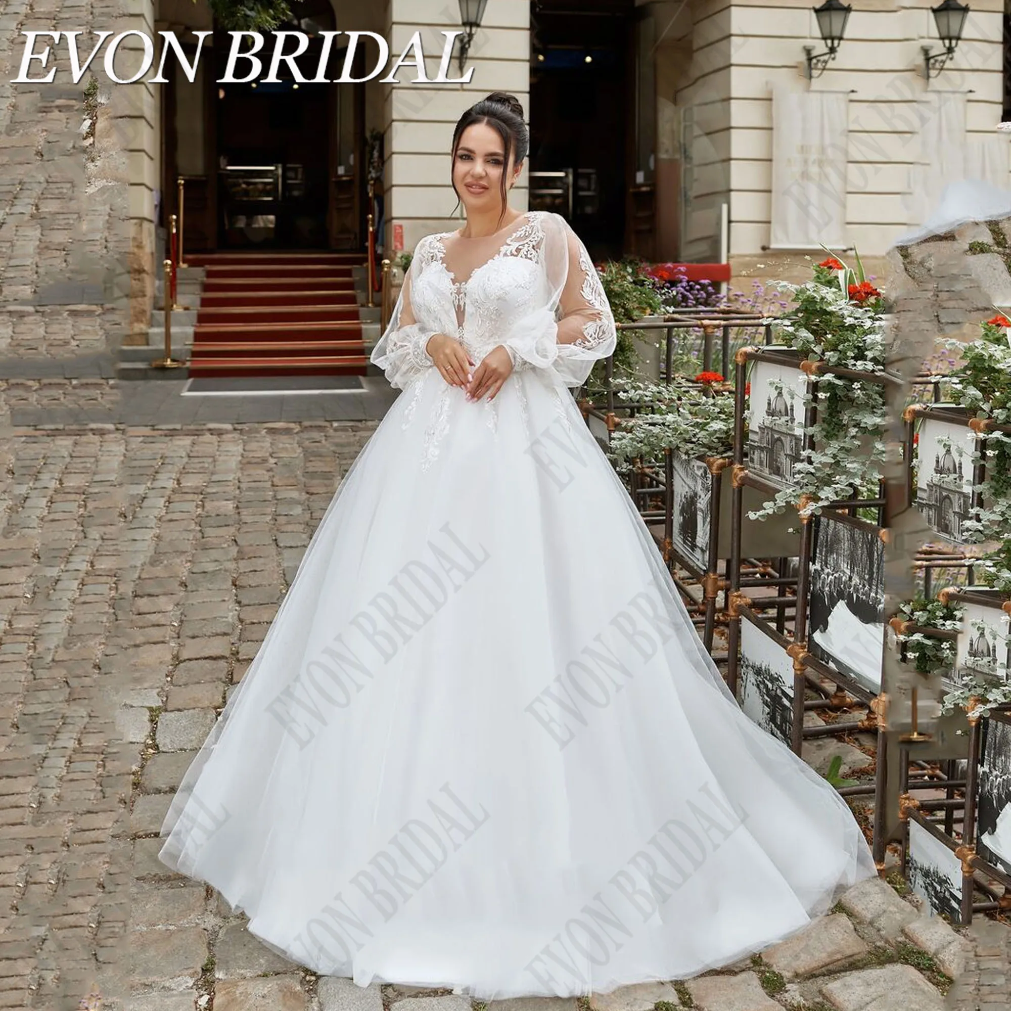 

EVON BRIDAL Large Size Wedding Dress 2024 Bride O-Neck Long Puff Sleeves Applique Tulle A-Line Lace Up Backless Bridal Gowns