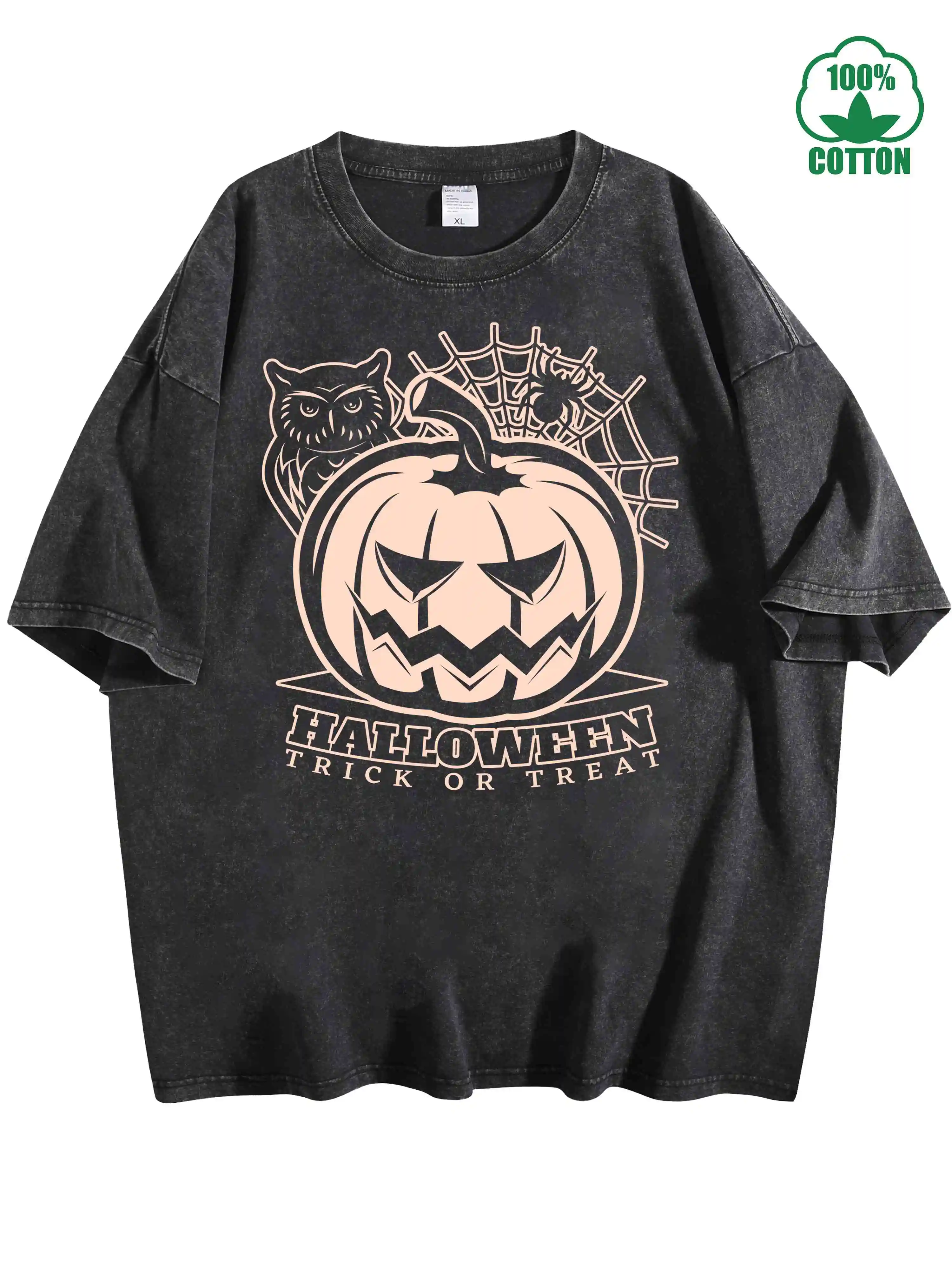 تي شيرت Happy Halloween Trick or Treat Pumpkin Head 100% قطن عتيق مغسول 230 جرام ملابس خروج مريحة كبيرة الحجم لـ