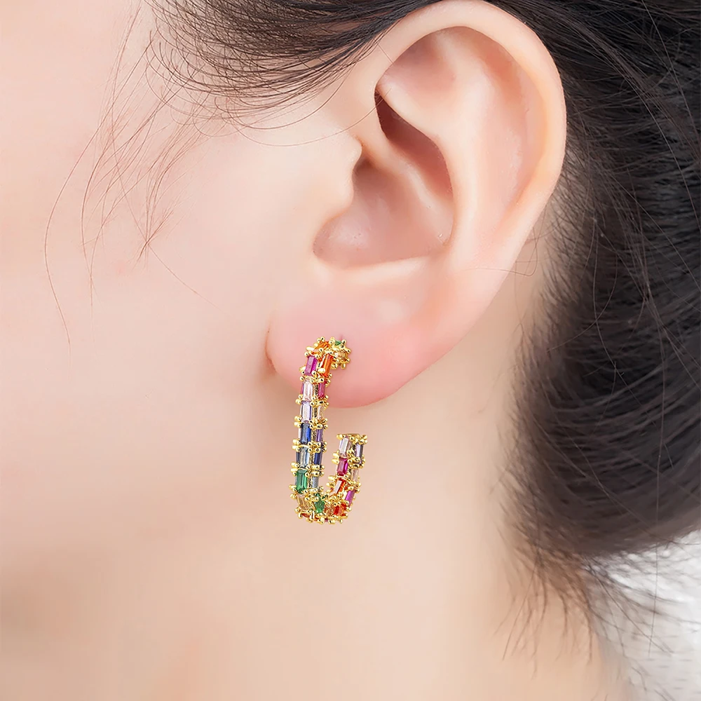 AIBEF Hawaii Style C-Shape Stud Earrings Colorful Rhinestone Women Copper Zircon Jewelry Luxury Gift Bohemian Vacation Ornament