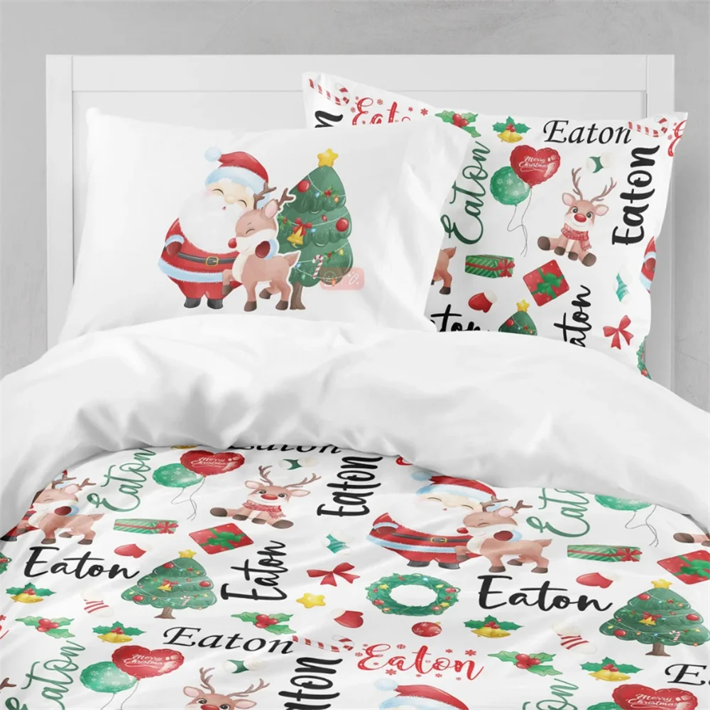 Personalized Christmas Baby Name Pattern Bedding, Santa Reindeer Bedding, Toddler Kids Christmas Bedding, Christmas Bedding Set