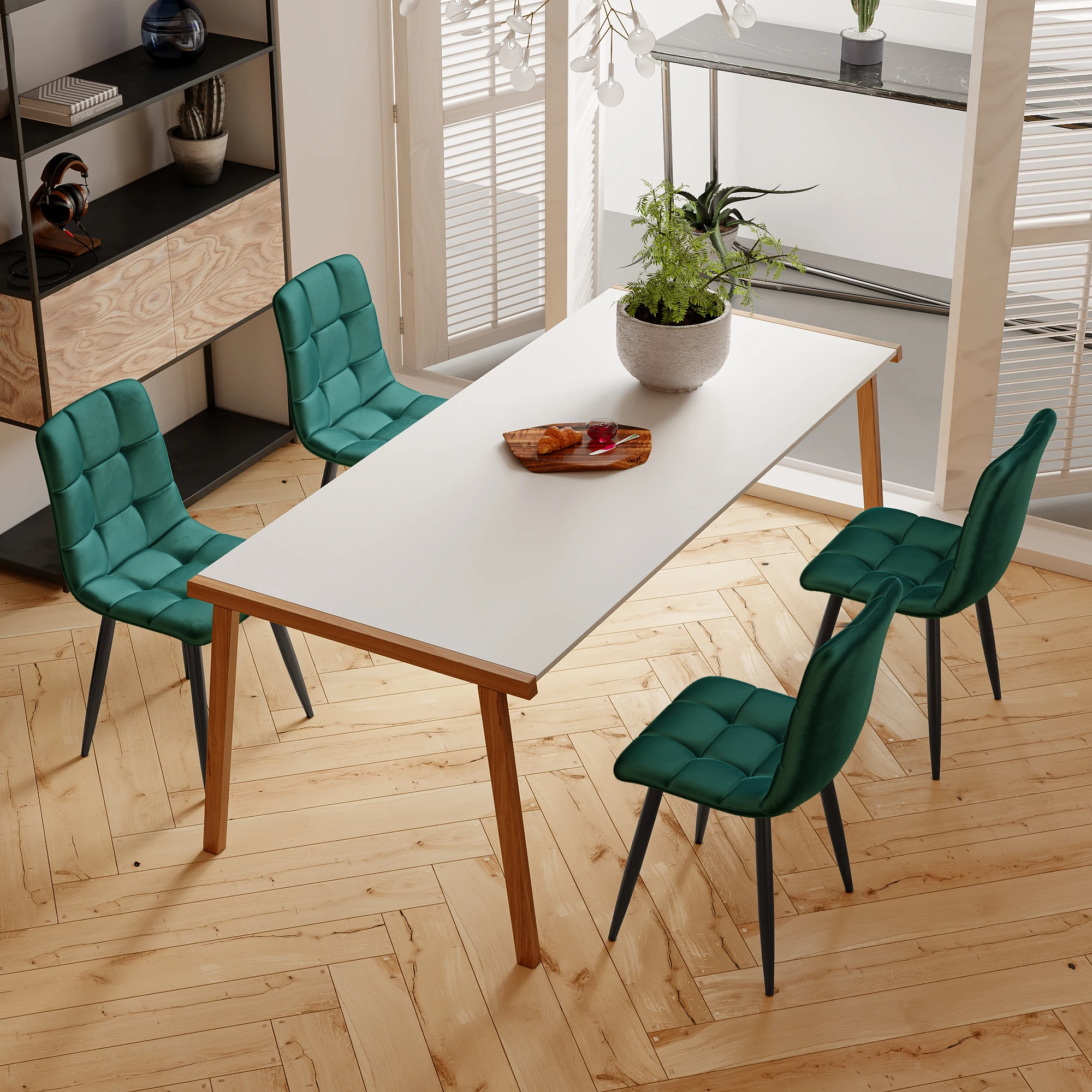 WoodenAura dining chairs set 4, Kitchen Chair, padded velvet thick metal feet, Turkish Green