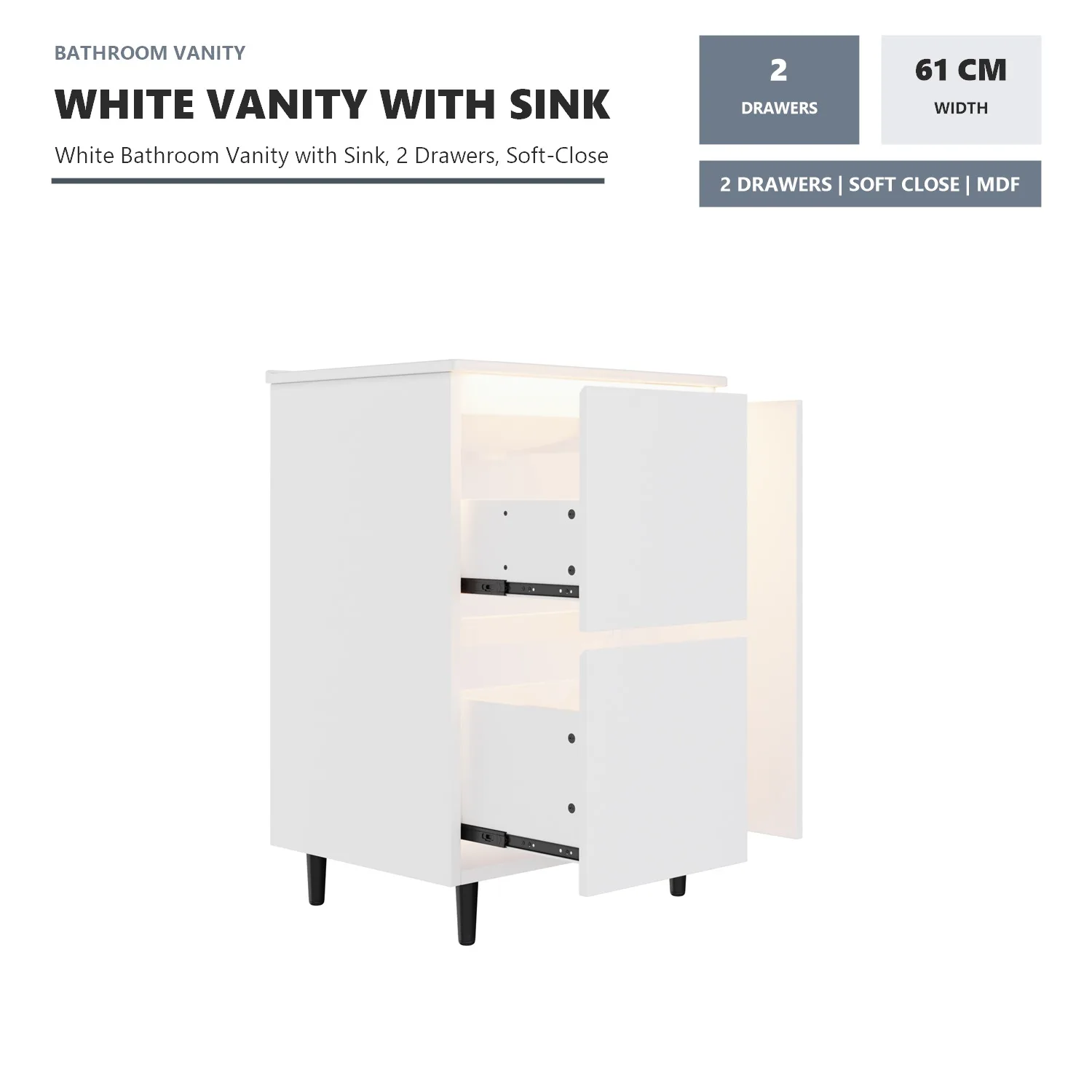 Badkamermeubel met Geïntegreerde Wastafel, Wit Vrijstaand Badmeubel met 2 Laden en Soft-Close, Keramische Wastafel, Hoge Poten, Gelakt Afwerking, 61cm Compact voor Kleine Badkamer, Eenvoudige Montage