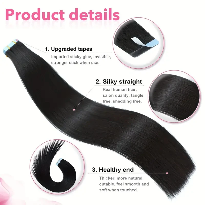 ALIMICE-Extensions de Cheveux Humains Remy Lisses avec Bande Adhésive Invisible, # 1B, 50g, 20 Pièces, pour Femme