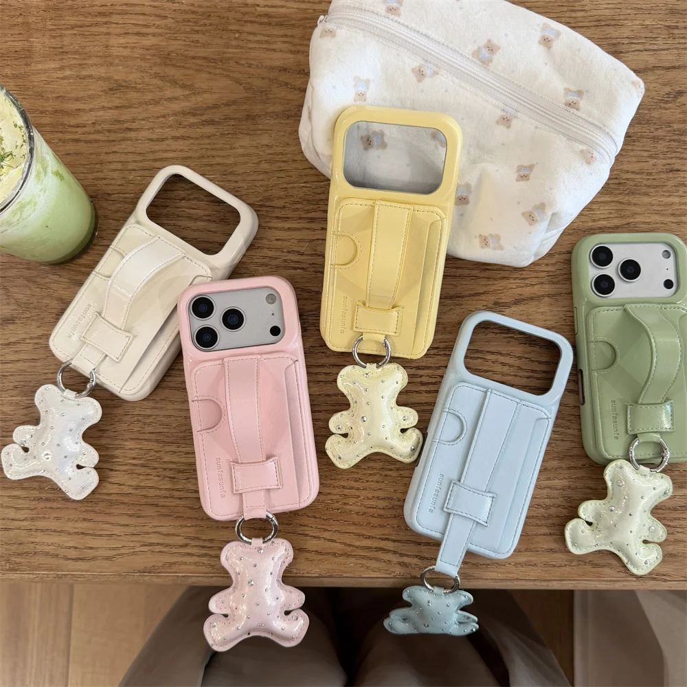 

Fashion Phone case With Card Holder for iPhone 17 Pro Max 16 Pro 15 14 13 15 Funda With Diamond Bear Charm Korean Shockproof Cov