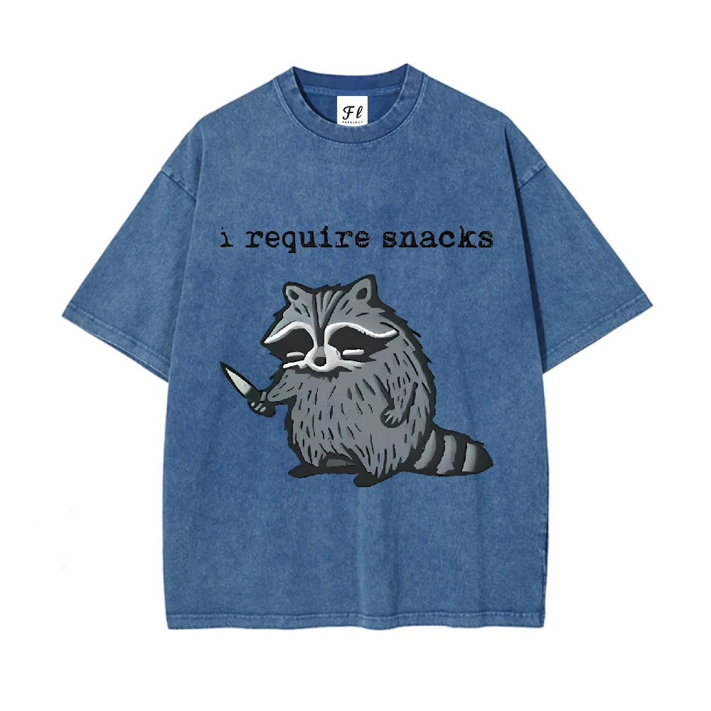 Cartoon Raccoon Printed Casual Cotton T Shirt I Require Snacks Graphic Tee for Men Women Trendy Loose Fit Short Sleeve Top Daily