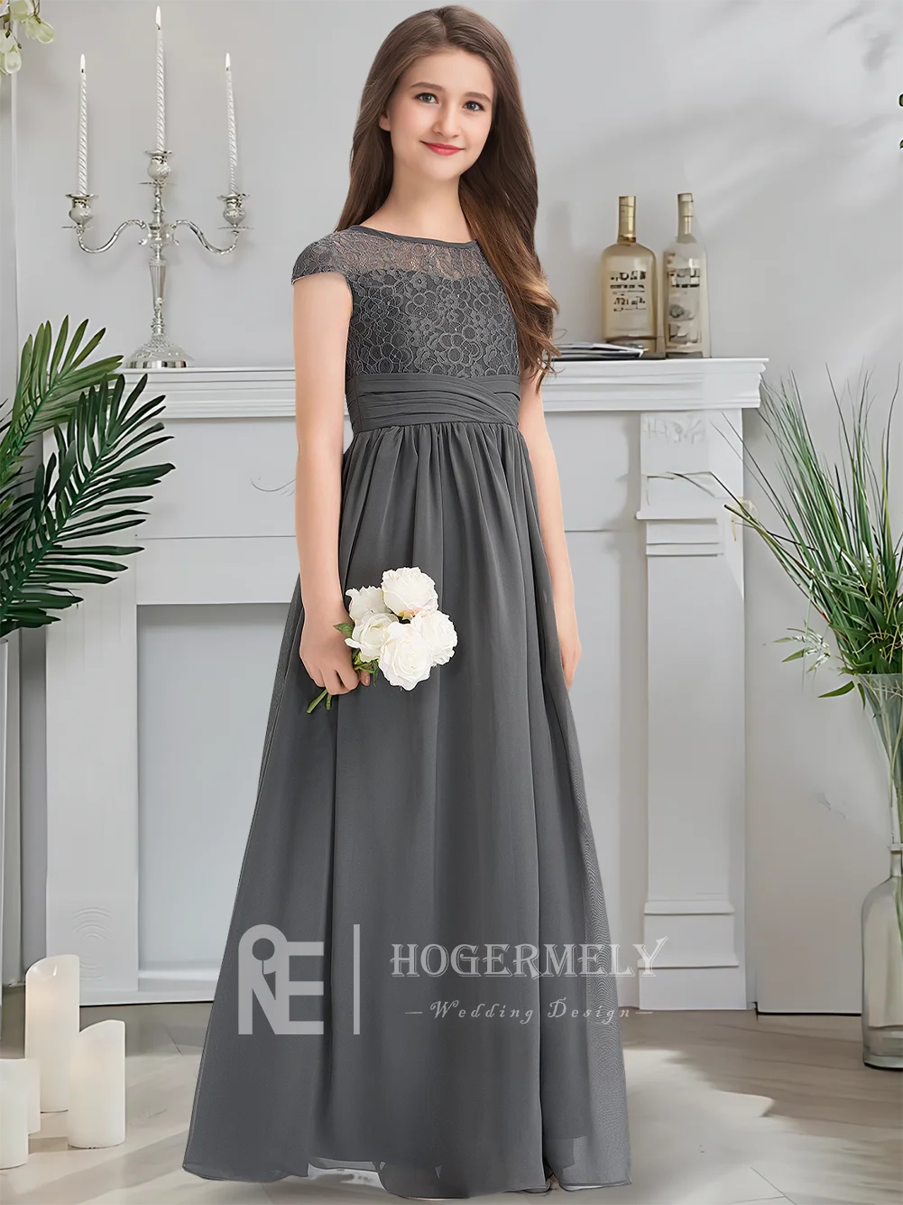 

A Luxurious Scoop Neck Junior Bridesmaid Dress Moonlight Silver Flower Girl Dress Floor-Length Chiffon Lace Cascading Layers