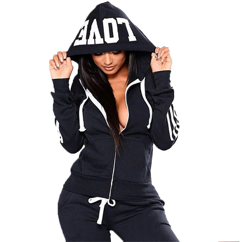 Fashion Women Hooded Jacket Tracksuit Casual Zipper Hoodies and Trousers Sports Wear Two Piece Suits