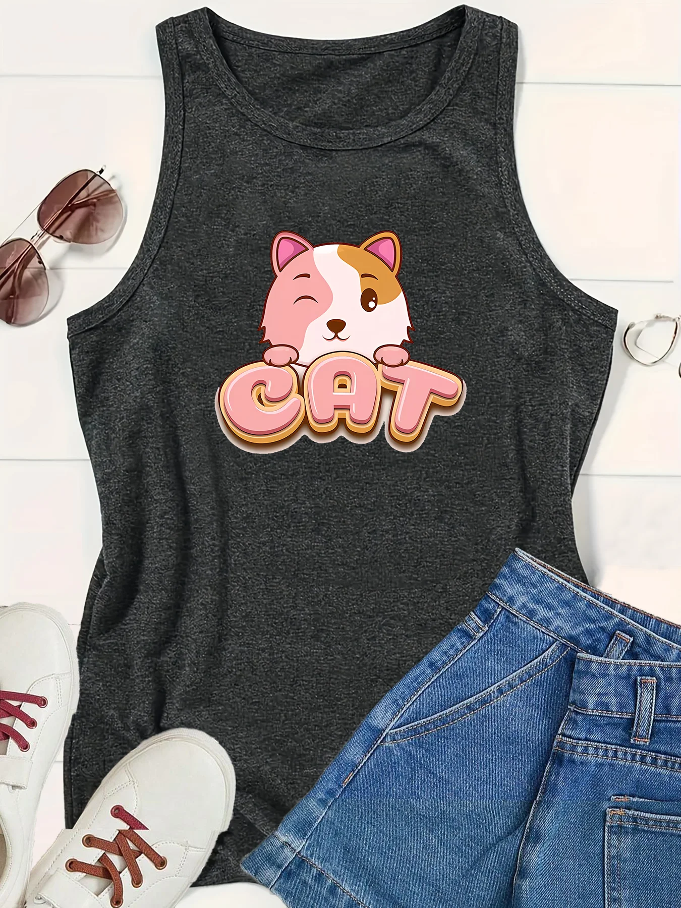 Cute Pink Cat Baby Letter Women's Safety Tank Top Loose O Neck Sleeveless Casual Tank Top Women's Clothing