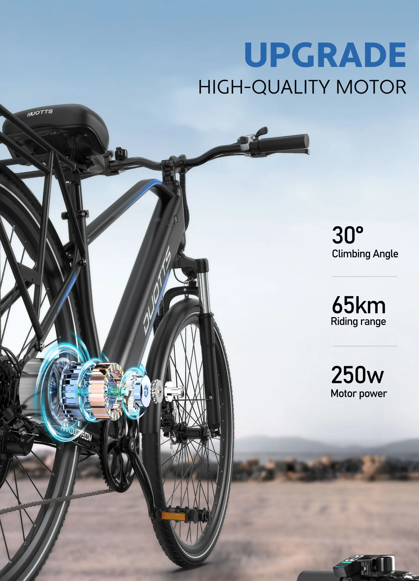 DUOTTS C29 Lite E-Bike, 250W Hochleistungsmotor, 36V13AH abnehmbarer Akku mit Akkusicherung, 65 km Reichweite für Stadtfahrten, LED-Farbdisplay, 27,5 Zoll pannensichere Reifen, elektrisches Mountainbike. – Detail 4