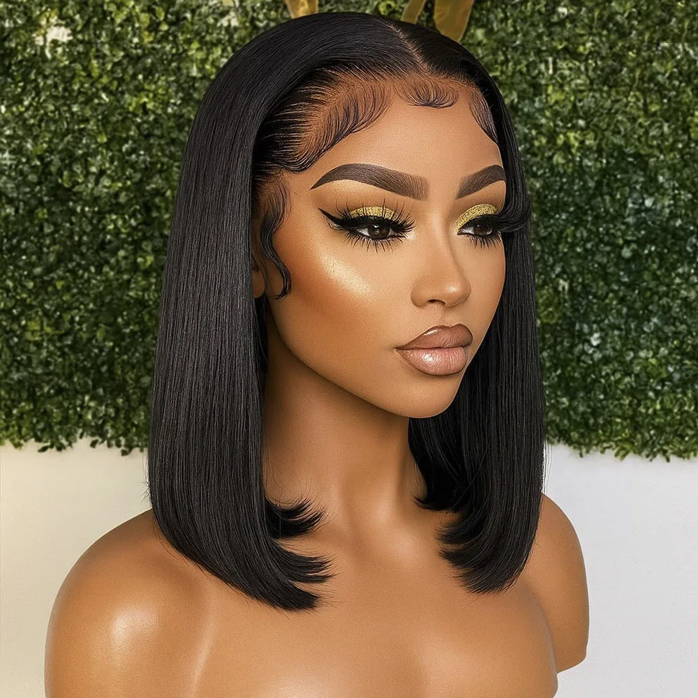 Drawstring Straight Short Bob Middle T Part Human Hair Wig With Elastic Side Part 13x5x2 Lace Wig Straight Bob Brazilian Wigs