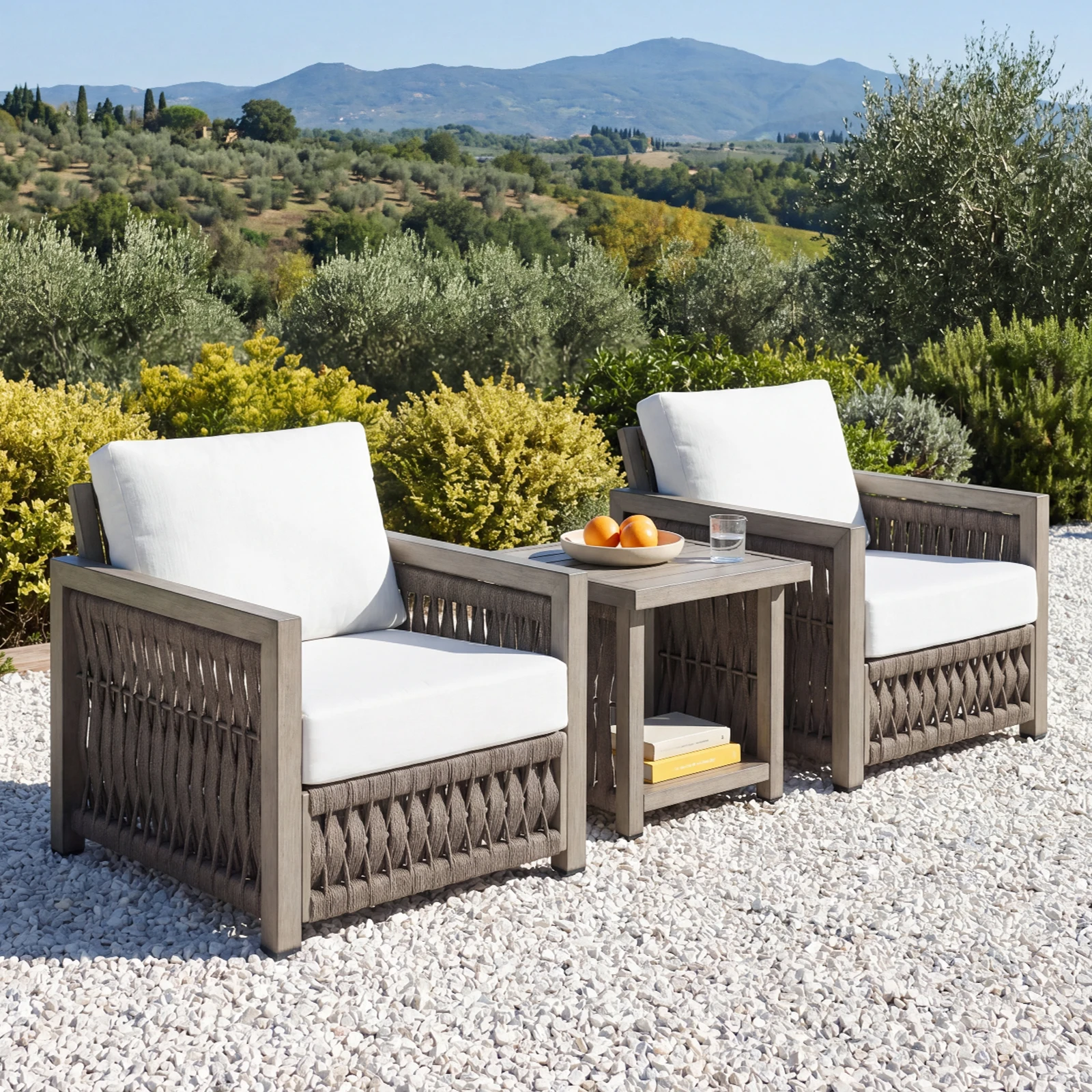 SeeHill 3-Piece Patio Bistro Set, Aluminum Rope Weave Sofa Chairs with Cushions and Side Table, Outdoor Garden Set, Gray Oak