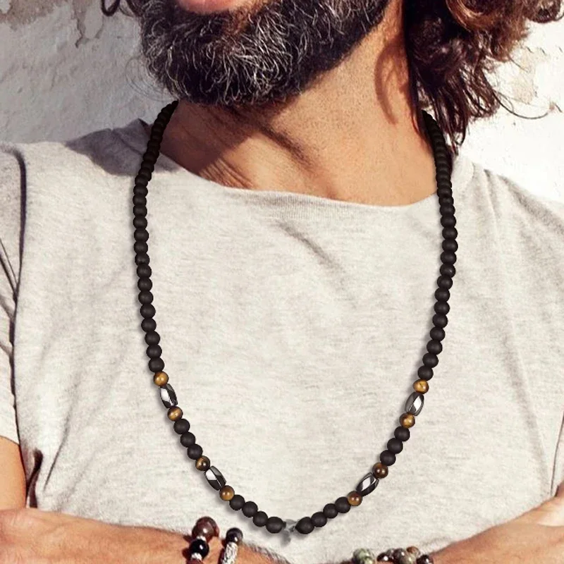 Collier de perles longues BOHO pour hommes, avec perles d'oeil de tigre, collier de perles tibétain MALA