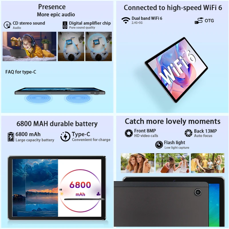 C9 + tableta Android14 de 11 pulgadas procesador octa-core 12GB RAM + 128GB ROM ampliar 1TB TF 5MP + 13MP pantalla HD batería de 6800mAh