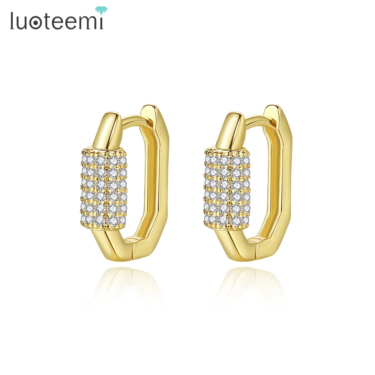 LUOTEEMI Gold Color U Shape Clear CZ Stone Earrings Mixed Geometric Earrings for Women Minimalist Small Hoop Accessories